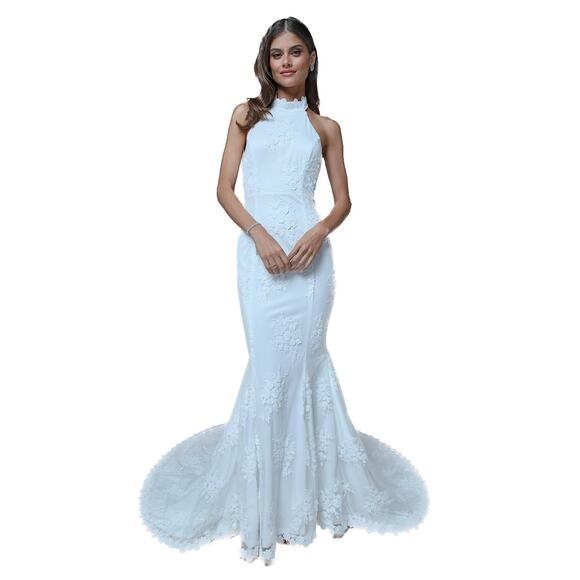 Lulus Glamour White Embroidered Halter Mermaid Maxi Dress Size M NWT - Picture 12 of 15